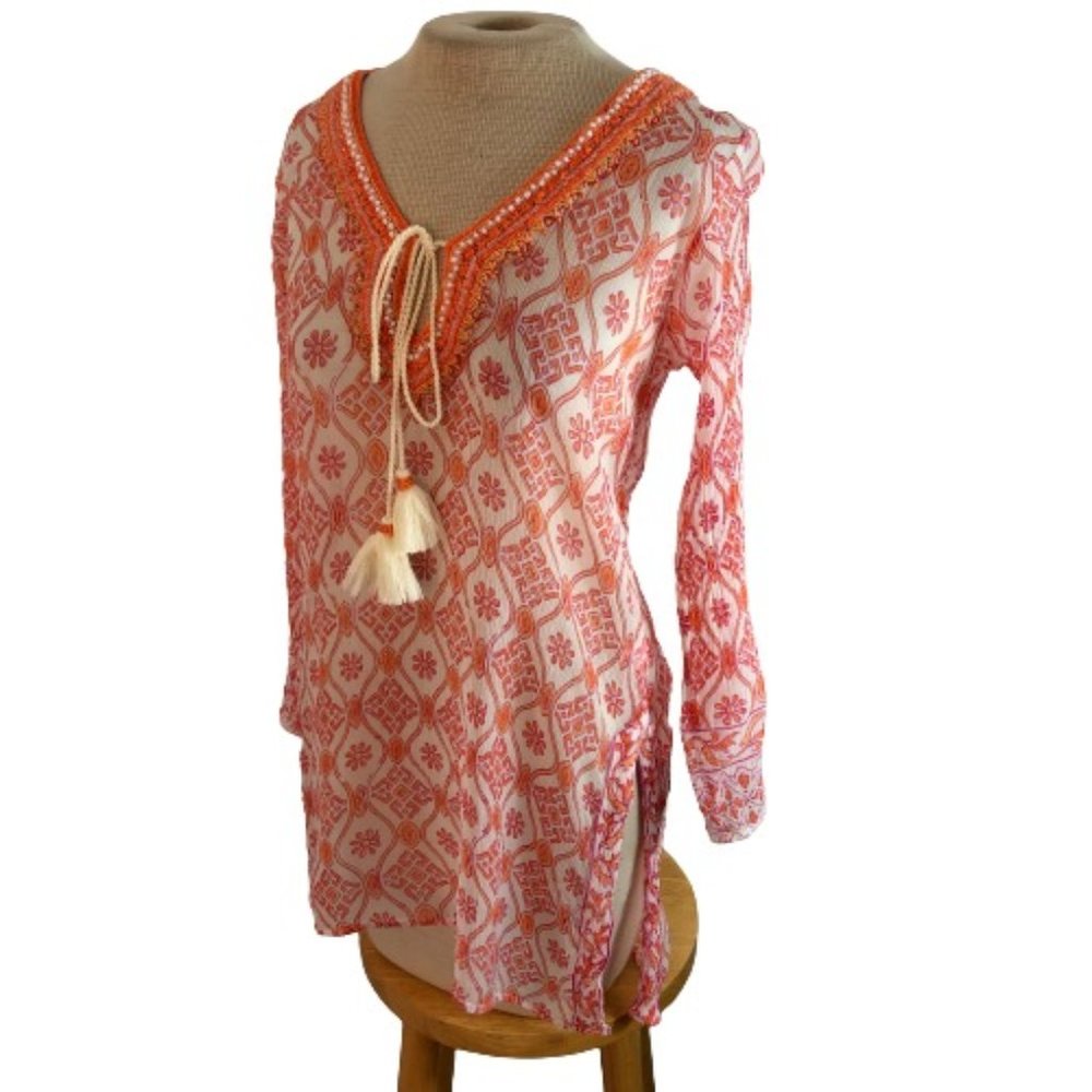 Bella Tu Bohemian Sheer Beaded Top Shirt Blouse